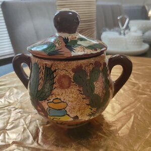 Handpainted covered sugar bowl from Mexico, Vibrant Colors. Safe for food use.
